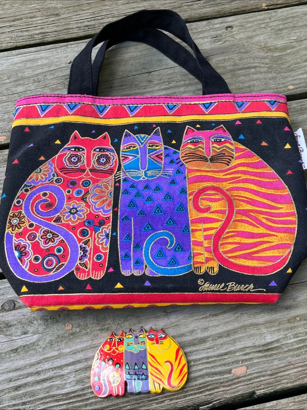 Laurel Burch 3 cat small tote w/3 cat wood ornament